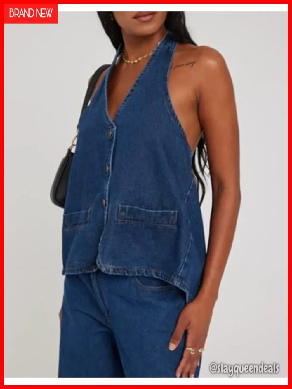 Tie Up Denim Vest Sleeveless V Neck Cropped Backless Open Back Button Down
